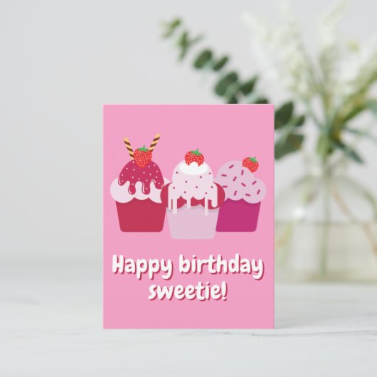 Happy Birthday Sweetie Cute Strawberry Shortcakes Briefkaart (Staand voorkant)