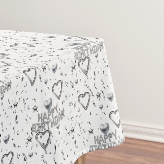 Happy Birthday Tablecloth Silver Hearts Tafelkleed (Voorbeeld)
