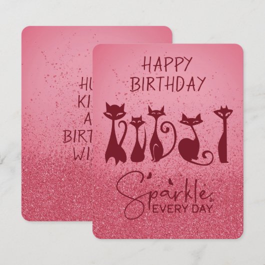Happy Birthday Tall Cat Dark Pink Sparkles Notitiekaartje (Voorkant / Achterkant)
