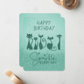 Happy Birthday Tall Cat Teal Green Sparkles Notitiekaartje (Voorkant / Achterkant in situ)