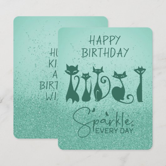 Happy Birthday Tall Cat Teal Green Sparkles Notitiekaartje (Voorkant / Achterkant)