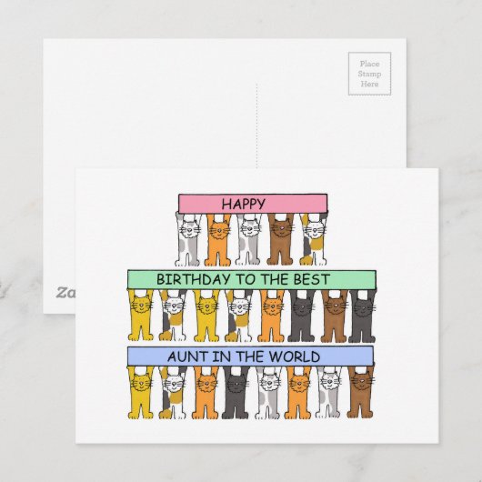 Happy Birthday Tante Cartoon Cats Briefkaart (Voorkant / Achterkant)