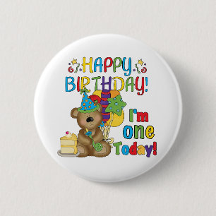 Happy Birthday Teddy Bear 1e T-shirts en geschenke Ronde Button 5,7 Cm