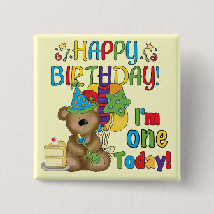 Happy Birthday Teddy Bear 1e T-shirts en geschenke Vierkante Button 5,1 Cm