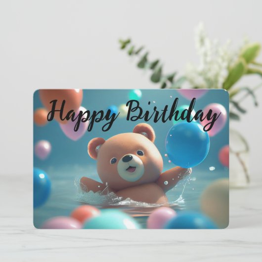 Happy Birthday Teddy Bear en Balloons Feestdagenkaart (Staand voorkant)