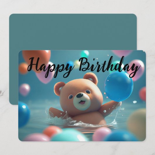 Happy Birthday Teddy Bear en Balloons Feestdagenkaart (Voorkant / Achterkant)
