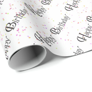Happy Birthday-tekst met confetti op wit Cadeaupapier
