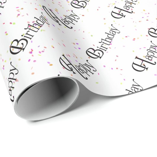 Happy Birthday-tekst met confetti op wit Cadeaupapier (Rol Hoek)