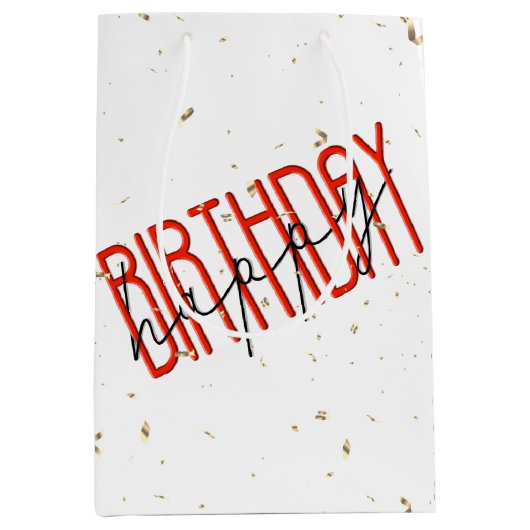 Happy Birthday-tekst met Gold Confetti Medium Cadeauzakje (Voorkant)