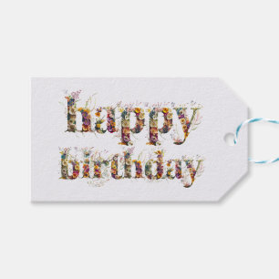Happy Birthday tekst ontwerp van gedroogde bloemen Cadeaulabel