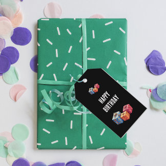 Happy Birthday text and gift boxes images black Cadeaulabel