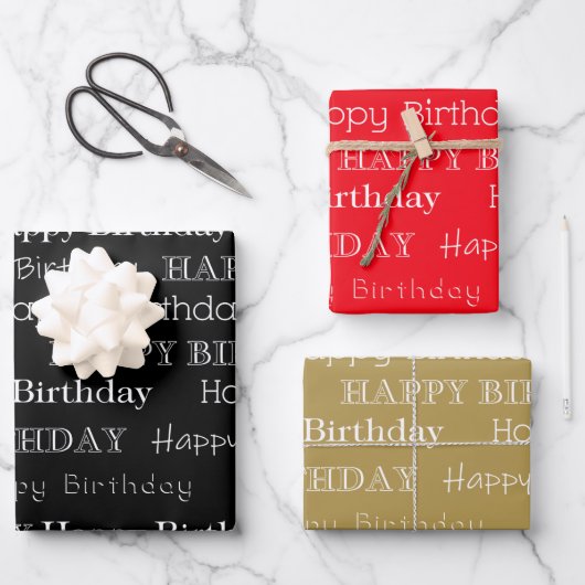 Happy Birthday Text Covered Black Red Gold Inpakpapier Vel (Voorkant)
