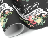Happy Birthday Text & Flowers on Black Cadeaupapier (Rol Hoek)