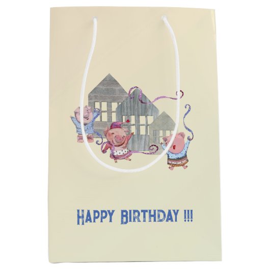 Happy Birthday Three Little Pigs Celebrating Medium Cadeauzakje (Voorkant)
