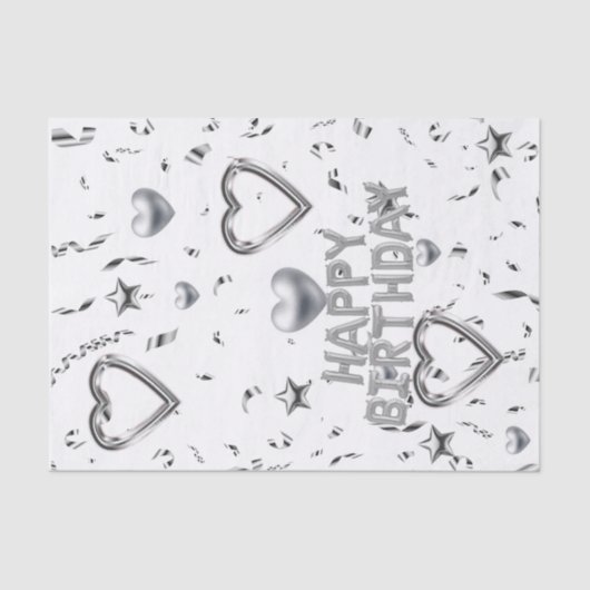 Happy Birthday Tissue Paper Silver Hearts Tissuepapier (Voorkant)