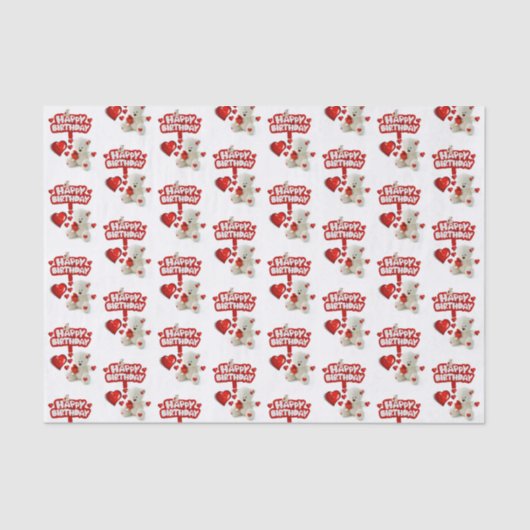 Happy Birthday Tissue White Teddy Bear Tissuepapier (Voorkant)