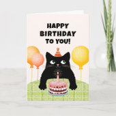Happy Birthday to you with black kitten and cake Kaart (Voorkant)