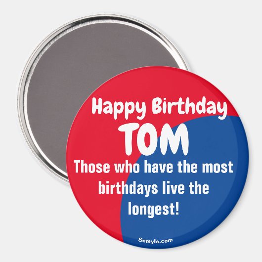 Happy Birthday TOM grote rode/blauwe magneet (Voorkant / Achterkant)