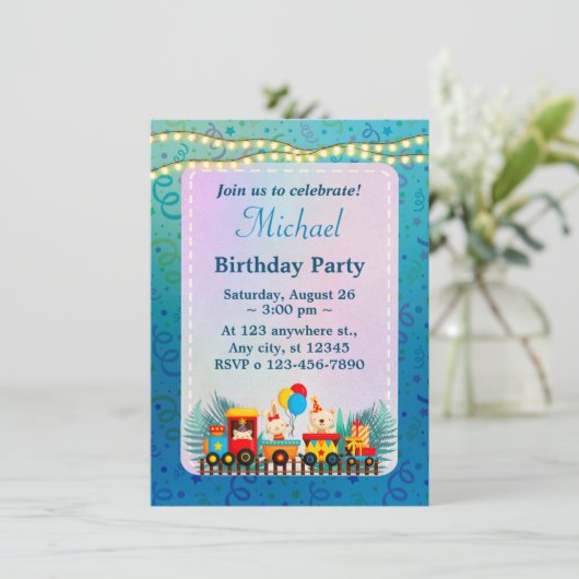 Happy Birthday Train Met Leuke Dieren Wensen Kaart (Staand voorkant)