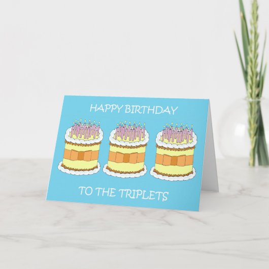 Happy Birthday Triplets Cartoon Taart en Kaarsen Kaart (Voorkant)