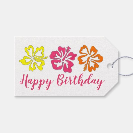 Happy Birthday Tropical Hawaiian Hibiscus Flowers Cadeaulabel (Voorkant (Horizontaal))
