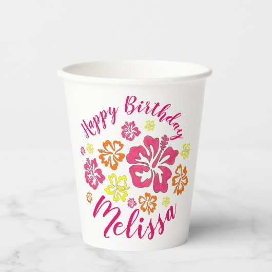 Happy Birthday Tropical Hawaiian Hibiscus Flowers Papieren Bekers (Voorkant)