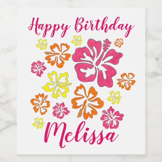 Happy Birthday Tropical Hawaiian Hibiscus Flowers Wijn Etiket (Enkel label)