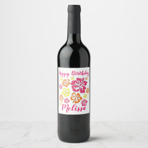 Happy Birthday Tropical Hawaiian Hibiscus Flowers Wijn Etiket