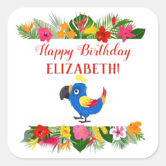 Happy Birthday Tropical Parrot Vierkante Sticker (Voorkant)