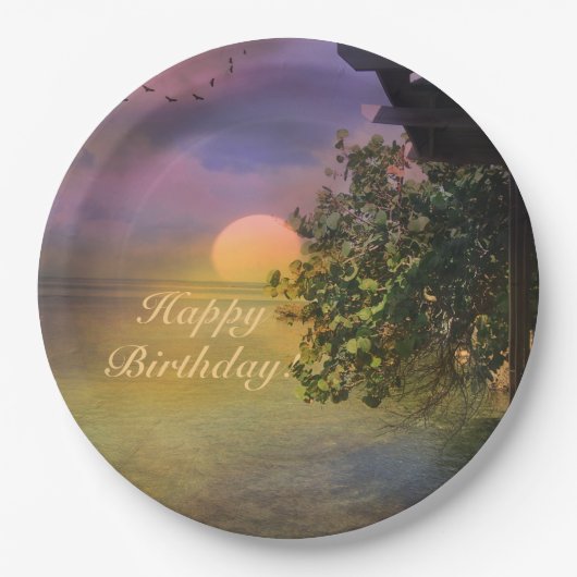 Happy Birthday Tropical Sunset Papieren Bordje (Voorkant)