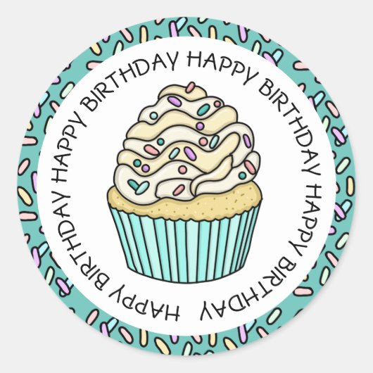 Happy Birthday Turquoise en Vanille Cupcake   Ronde Sticker (Voorkant)