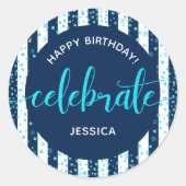 Happy Birthday Turquoise Glitter Script Navy Wit Ronde Sticker (Voorkant)