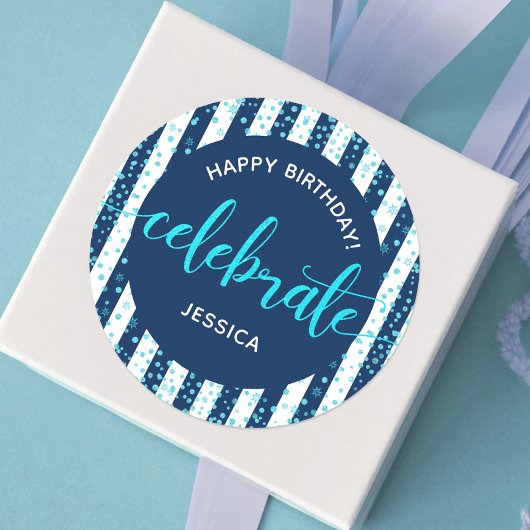 Happy Birthday Turquoise Glitter Script Navy Wit Ronde Sticker