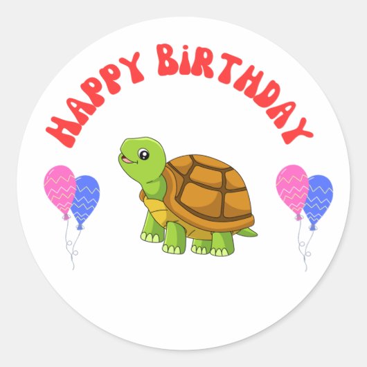 Happy Birthday Turtle Kaart met Ballonnen - Ronde Sticker (Voorkant)