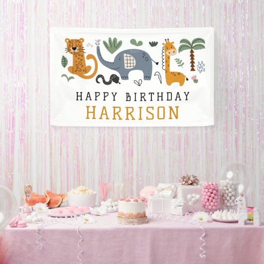 Happy Birthday Twee wilde Safari Dieren Kinder Spandoek (Feest)