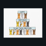 Happy Birthday Twin Brother Schattige Cats. Briefkaart<br><div class="desc">Rijen cartoon kittens met pastelblauw gekleurde spandoeken met daarop 'Happy Birthday to my twin brother'.</div>