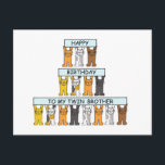 Happy Birthday Twin Brother Schattige Cats. Briefkaart<br><div class="desc">Rijen cartoon kittens met pastelblauw gekleurde spandoeken met daarop 'Happy Birthday to my twin brother'.</div>
