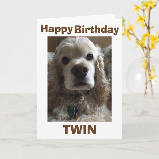 HAPPY BIRTHDAY TWIN ZEGT DEZE SCHATTIGEE COCKER SP KAART (Gele Bloem)