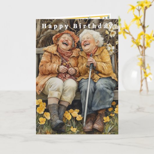 Happy Birthday Two Funny Laughing Ladies  Kaart (Gele Bloem)