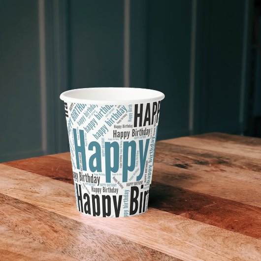 Happy Birthday Typographic Blauwgroen & Black Masc Papieren Bekers