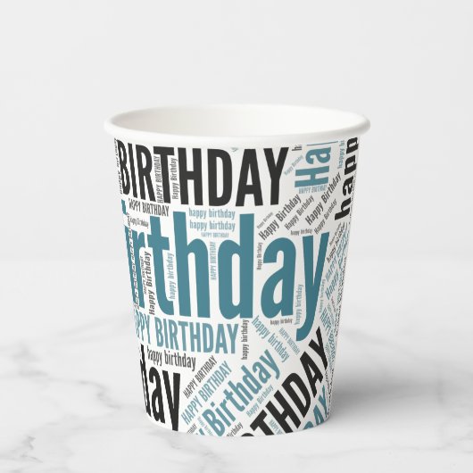 Happy Birthday Typographic Blauwgroen & Black Masc Papieren Bekers (Achterkant)