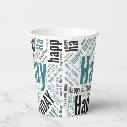Happy Birthday Typographic Blauwgroen & Black Masc Papieren Bekers (Rechts)