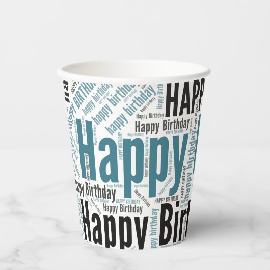 Happy Birthday Typographic Blauwgroen & Black Masc Papieren Bekers (Voorkant)