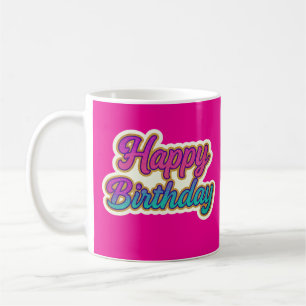 Happy Birthday Typography Design in roze, Paarse a Koffiemok