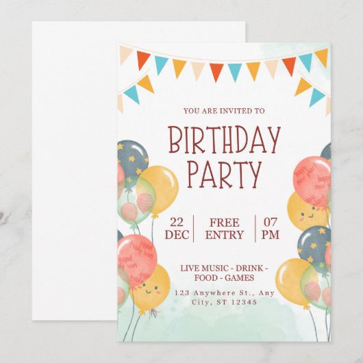 Happy Birthday Uitnodiging (Voorkant / Achterkant)