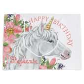 Happy Birthday Unicorn Cute Floral gepersonaliseer Groot Cadeauzakje (Voorkant)