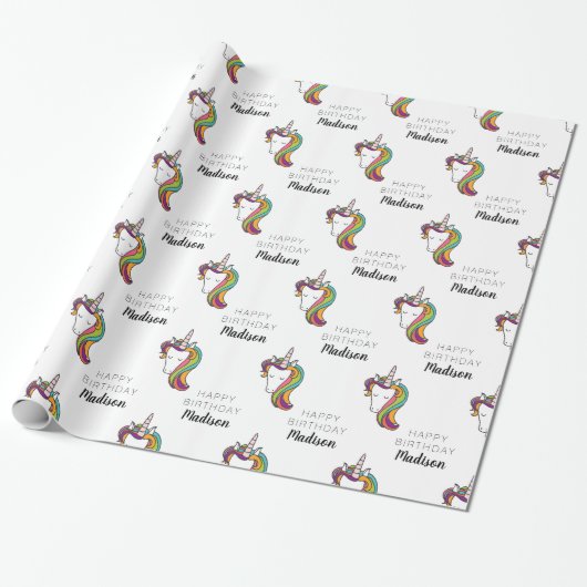 Happy Birthday | Unicorn Naam toevoegen Cadeaupapier (Uitgerold)