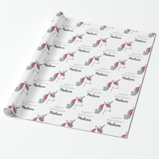 Happy Birthday | Unicorn Naam toevoegen Cadeaupapier (Uitgerold)