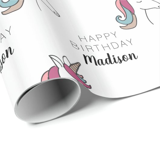 Happy Birthday | Unicorn Naam toevoegen Cadeaupapier (Rol Hoek)