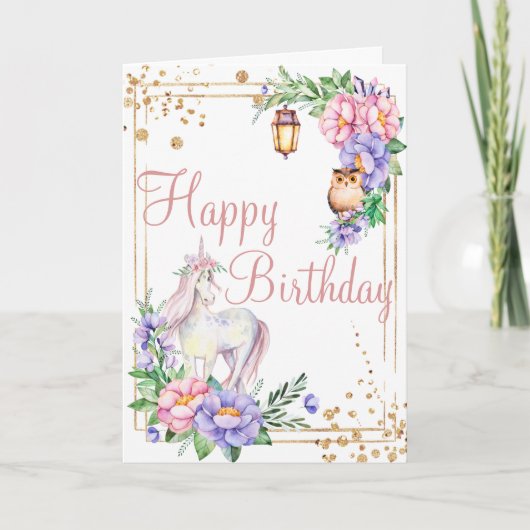 Happy Birthday Unicorn Owl Waterverf Floral Kaart (Voorkant)